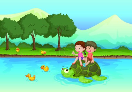 Téléchargez les illustrations : Enfants sur tortue, illustration vectorielle colorée - en licence libre de droit
