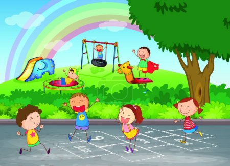 Ilustración de Ilustración de los niños jugando en el patio - Imagen libre de derechos