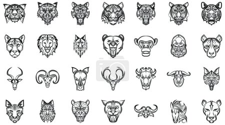 Téléchargez les illustrations : "black animal head line art icon set" - en licence libre de droit