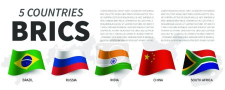 Illustration for "BRICS . Association of 5 countries and flags  and map . Waving flag design . Vector ." - Royalty Free Image