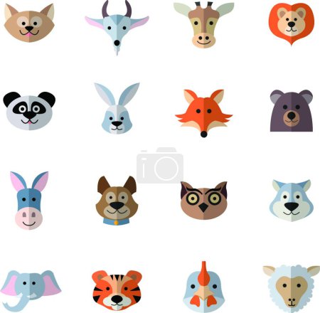 Téléchargez les illustrations : Animals Heads Flat, simple vector illustration - en licence libre de droit