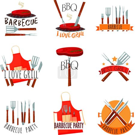 Téléchargez les illustrations : Barbecue Party Label Set illustration vectorielle - en licence libre de droit