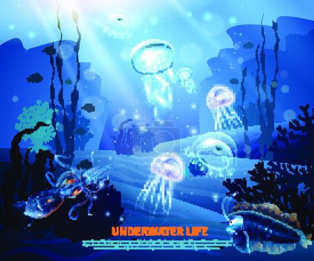 Téléchargez les illustrations : Arrière-plan de vie sous-marine Affiche lumineuse - en licence libre de droit