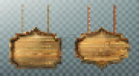 Illustration for Wooden boards on ropes set. Realistic signboards - Royalty Free Image