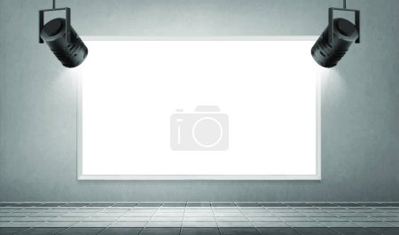 Illustration for Empty white frame and hanging spotlights in museum - Royalty Free Image