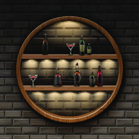 Illustration for Round Wooden shelves with alcohol - Royalty Free Image