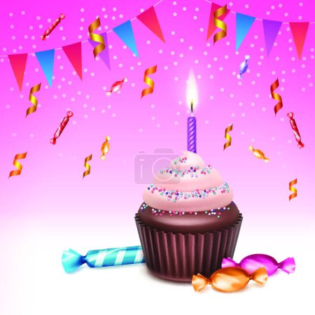Illustration for Illustration of the Cupcake with candle - Royalty Free Image