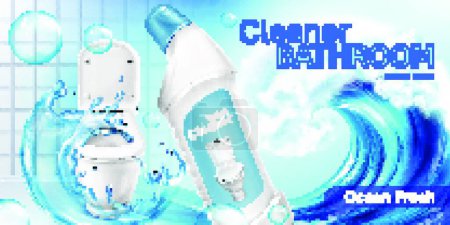 Illustration for Toilet cleaner bottle in water wave promo poster - Royalty Free Image
