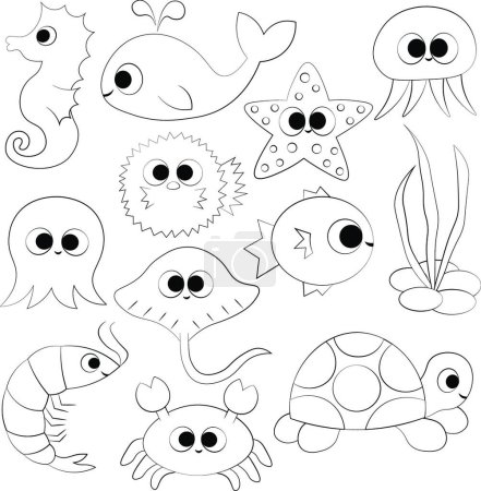 Téléchargez les illustrations : Set avec des animaux sous-marins de dessin animé mignon en noir et blanc - en licence libre de droit