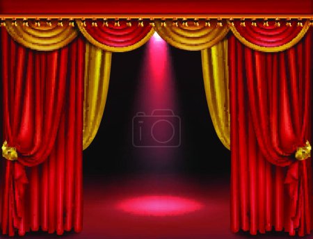 Ilustración de "Escenario de teatro con cortinas rojas y doradas - Imagen libre de derechos