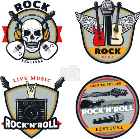 Téléchargez les illustrations : Ensemble d'emblèmes de musique rock coloré vintage - en licence libre de droit