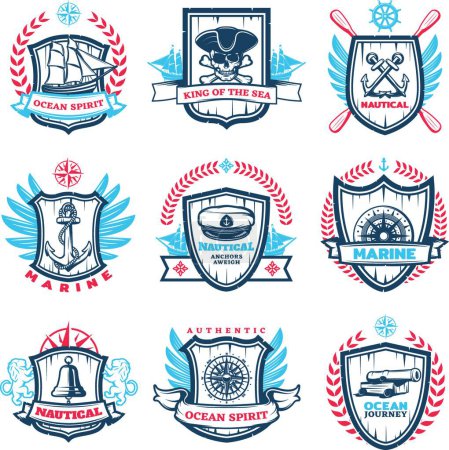 Téléchargez les illustrations : Ensemble d'emblèmes nautiques colorés vintage - en licence libre de droit