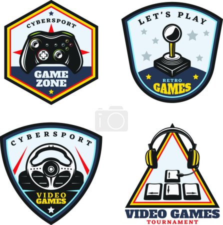 Téléchargez les illustrations : Ensemble d'emblèmes de jeux vidéo colorés vintage - en licence libre de droit