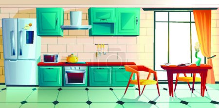Téléchargez les illustrations : Cuisine maison, intérieur vide avec appareils électroménagers - en licence libre de droit