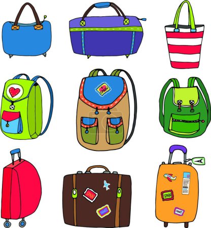 Téléchargez les illustrations : Variété de sacs à bagages Sacs à dos et valises - en licence libre de droit