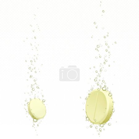 Illustration for Effervescent soluble tablet with bubbles in water - Royalty Free Image
