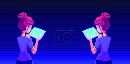 Illustration for Teenage girl using tablet app back view - Royalty Free Image