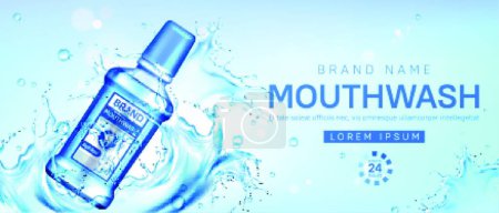 Illustration for Mouthwash bottle in water splash promo poster - Royalty Free Image