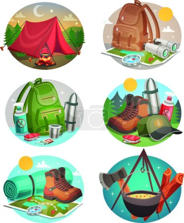 Illustration for Camping Round Compositions Set, vector illustration - Royalty Free Image