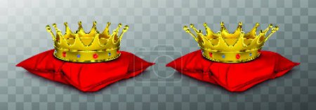 Illustration for Gold royal crowns for king and queen on red pillow - Royalty Free Image