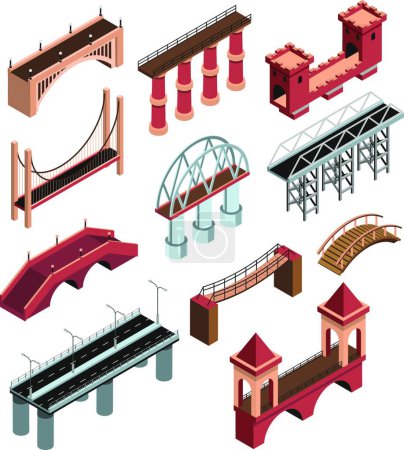 Téléchargez les illustrations : Ponts Isometric Set illustration vectorielle - en licence libre de droit