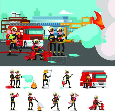 Téléchargez les illustrations : Illustration vectorielle Composition Pompiers Colorés - en licence libre de droit