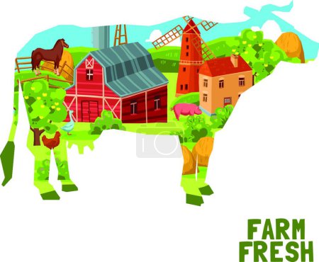 Téléchargez les illustrations : Farm Cow Concept, illustration vectorielle colorée - en licence libre de droit