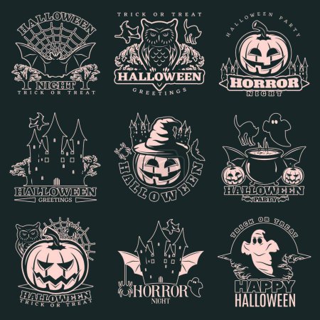 Téléchargez les illustrations : Emblèmes monochromes Halloween, illustration vectorielle colorée - en licence libre de droit