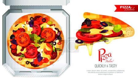 Téléchargez les illustrations : Boîte à pizza Illustration vectorielle de composition - en licence libre de droit