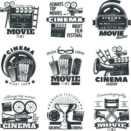 Téléchargez les illustrations : Emblèmes de cinéma monochrome, illustration vectorielle - en licence libre de droit