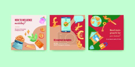 Ilustración de "Diseño de anuncios financieros con ilustración de acuarela de dinero, moneda, efectivo, negocios y banca." - Imagen libre de derechos