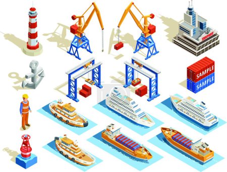 Ilustración de Conjunto isométrico de puerto marítimo, ilustración vectorial - Imagen libre de derechos