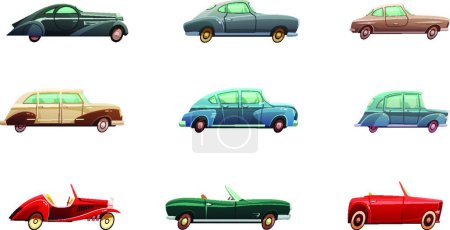 Téléchargez les illustrations : Ensemble de voiture rétro, illustration vectorielle - en licence libre de droit