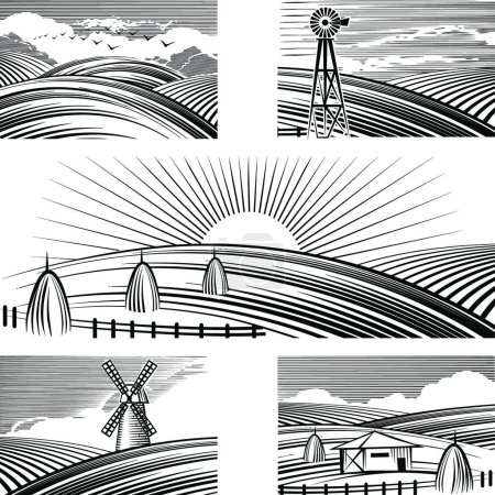 Téléchargez les illustrations : "Paysages ruraux rétro ", illustration vectorielle graphique - en licence libre de droit