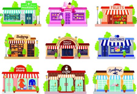 Téléchargez les illustrations : "Ensemble de façades de magasin ", illustration vectorielle graphique - en licence libre de droit