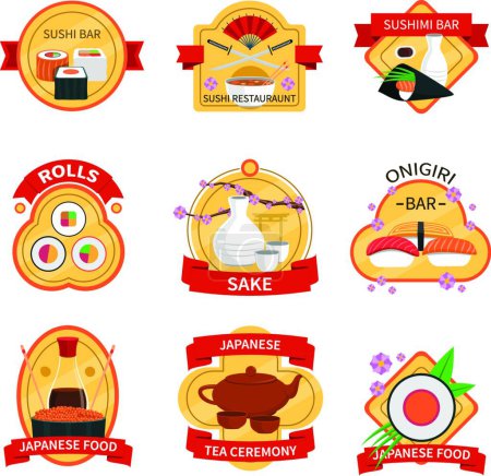 Téléchargez les illustrations : Etiquettes Sushi Illustration vectorielle - en licence libre de droit