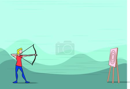 Photo for "Lady Archer Illustration Holding Bow Aiming For Target With Mountains Back Ground. Archery Athlete Shooting Arrow Towards Mark Outdoors Scene." - Royalty Free Image