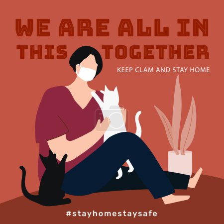 Téléchargez les illustrations : Nous sommes tous dans cette femme avec chat à la maison - en licence libre de droit