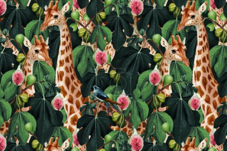 Illustration for Watercolor painting with tropical plants and giraffes on a green wall - Royalty Free Image