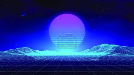 Photo for Retro landscape blue background. 3d vector background. Futuristic technology mountain landscape. Digital city neon 80s technology music background. EPS 10. - Royalty Free Image