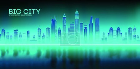 Illustration for "Retro background futuristic landscape 1980s style. Futuristic skyscraper city bay with reflection in water. Digital landscape cyber surface. Synth wave music album cover template city, space, mountains . - Royalty Free Image