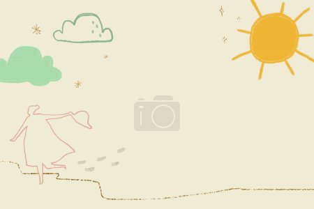Téléchargez les illustrations : Abstrait dessiné à la main fond d'enfant avec le soleil et la silhouette de la personne marchant - en licence libre de droit