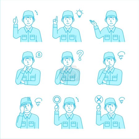 Téléchargez les illustrations : Homme cols bleus geste variation illustration ensemble - en licence libre de droit
