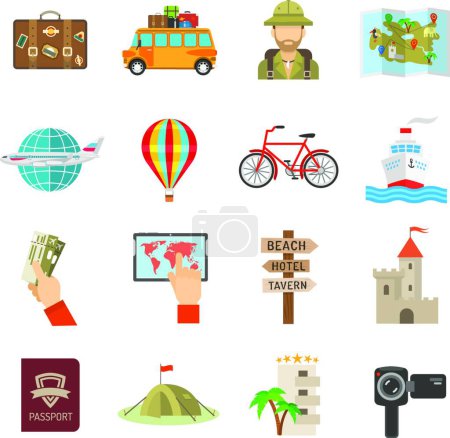 Téléchargez les illustrations : Icônes de voyage Illustration vectorielle plate - en licence libre de droit