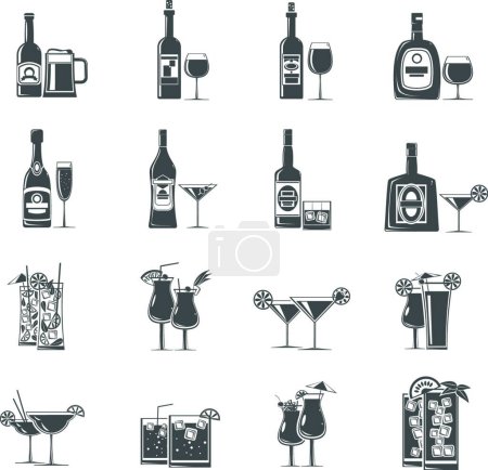 Téléchargez les illustrations : "Cocktail Icônes Noir "illustration vectorielle - en licence libre de droit