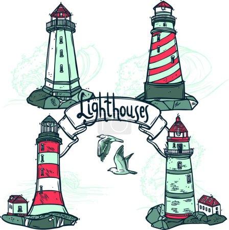 Illustration for Lighthouse Sketch Set vector illustration - Royalty Free Image