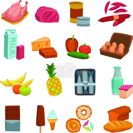 Téléchargez les illustrations : Supermarché Food Set illustration vectorielle - en licence libre de droit