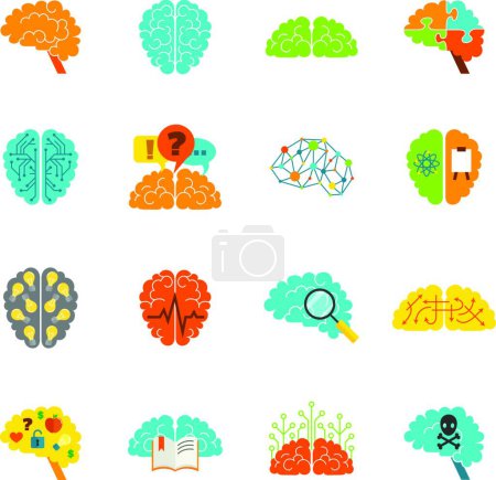 Téléchargez les illustrations : "Illustration vectorielle des icônes cérébrales plates " - en licence libre de droit