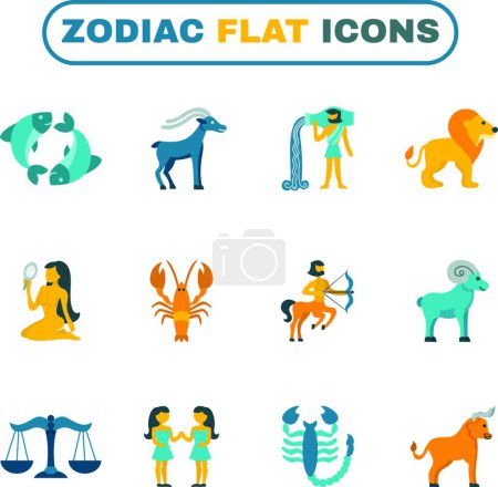 Téléchargez les illustrations : "Illustration vectorielle Zodiaque Icône Plat " - en licence libre de droit