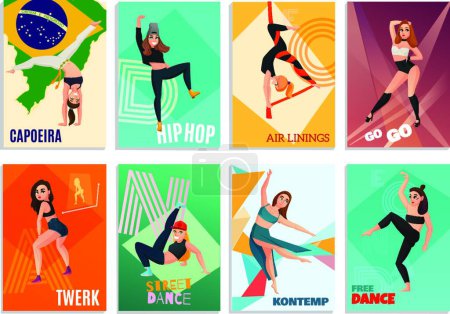 Téléchargez les illustrations : "Illustration vectorielle des cartes de danses modernes - en licence libre de droit